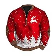 Jultröja för män, tröja med julmotiv, julgran, renar, långärmad topp med ficka, rolig jultröja för män, Röd, XL
