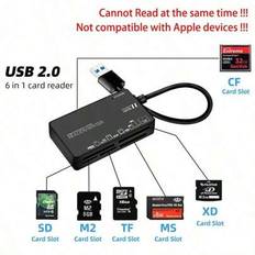 6-i-1 USB2.0 Typ C-kortläsare Multi Port CF M2 MS XD SD TF-kort USB-kortläsare för dator PC Laptop (ej kompatibel med Apple-enheter) - Svart