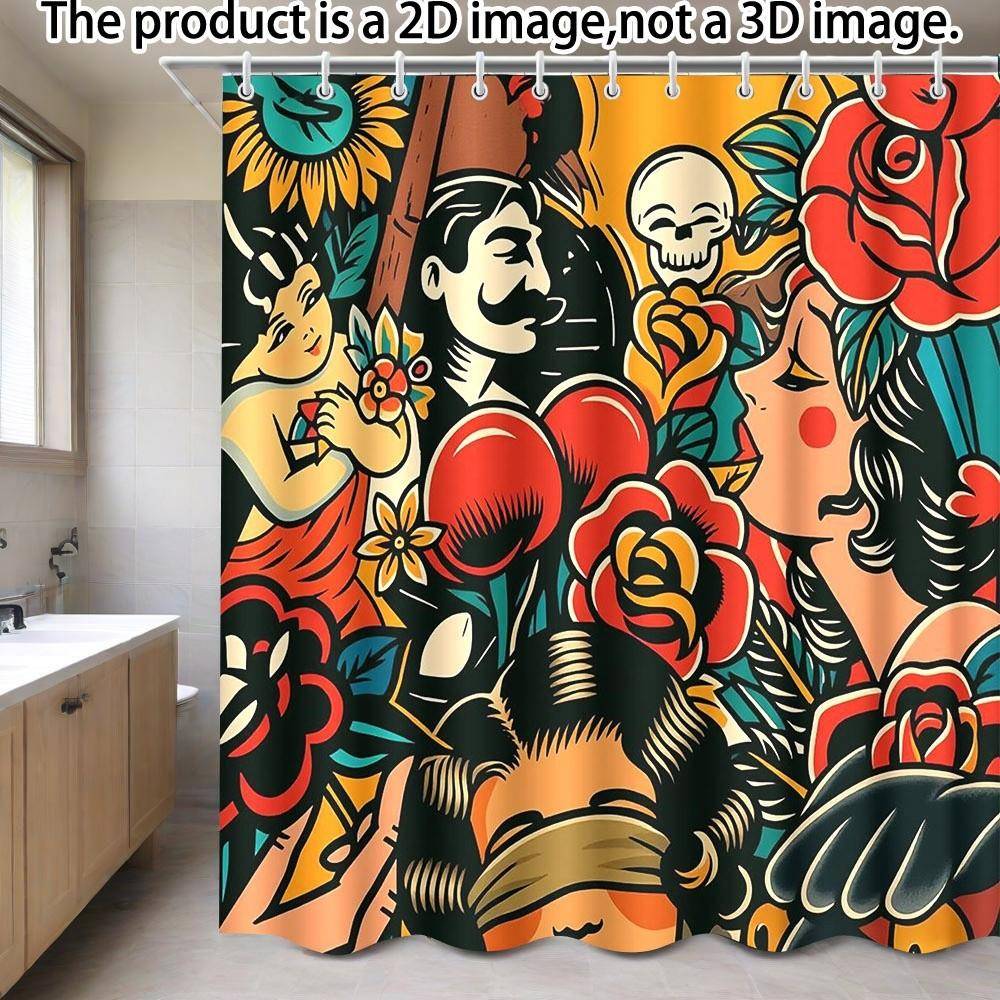 Vintage tatueringsstil duschdraperi livfullt blommigt och figurdesign modern konstnärlig kroppskonst badrumsinredning med krokar