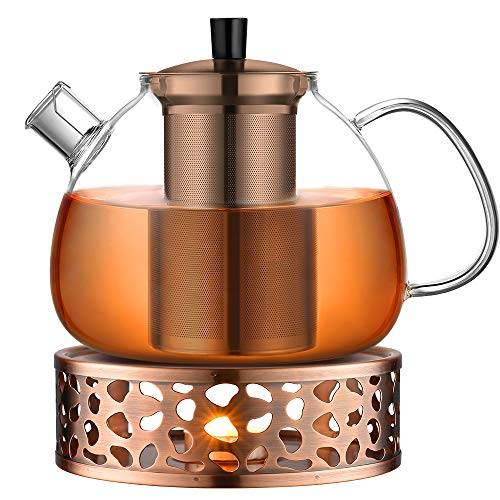 ecooe original tekanna i 1500 ml brons av glas borosilikatglas, tebryggare med avtagbar 18/8 rostfritt stål, rostfri värmebeständig för svart te, grönt te, fruktte, doftande tepåse