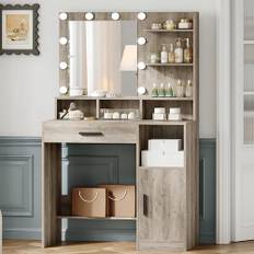 Hzuaneri Sminkbord med Spegel Och 10 Led-Lampor, med 3 Hyllor Och 4 Öppna Fack, Sminkbord med Stor Låda Och Skåp, 3 Justerbara Ljusstyrkor, Grège VT08105X