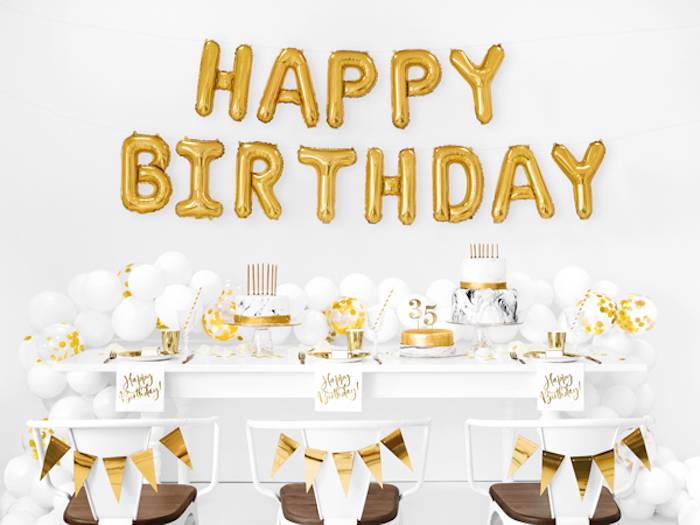 Happy Birthday Folieballon Guld - 340 x 35 cm.