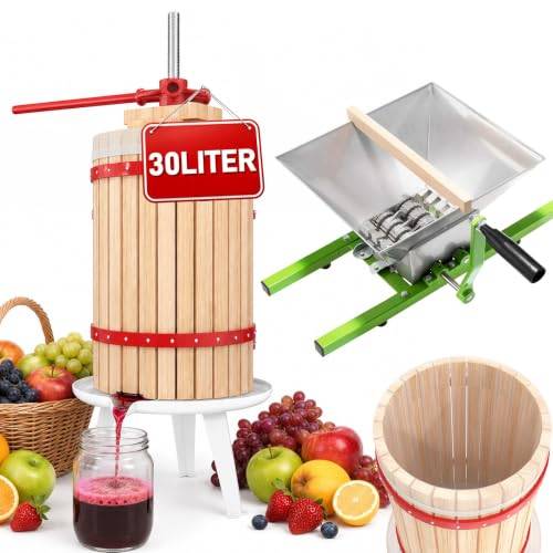 LZQ Fruktpress + Fruktkvarn Set Manuell Vinpress 30L + 7L med handkrank