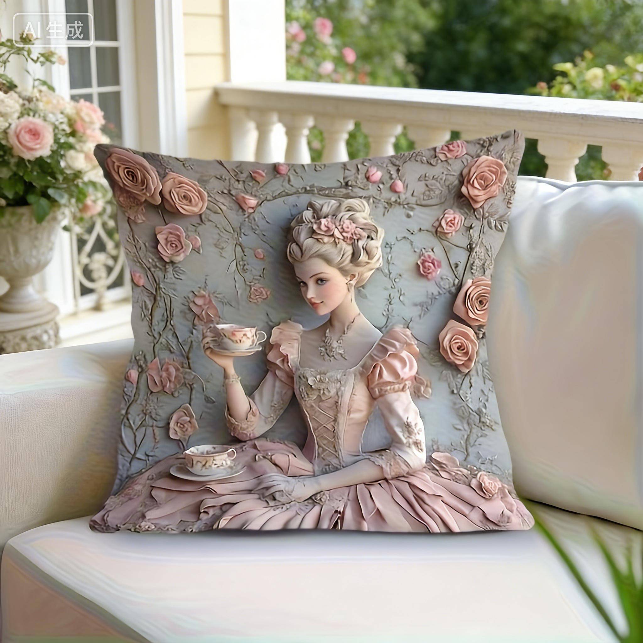 Vintage Fransk Rokoko Kuddfodral 2D Ros Blommig Tryck Marie Antoinette Stil Kuddfodral För Soffa Säng Soffa Lyx gray