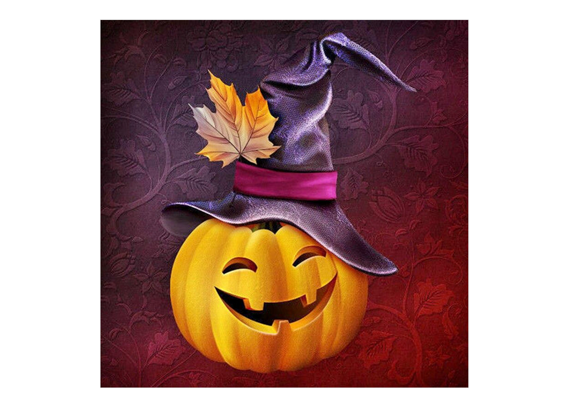 Smilende græskar med lilla hat – Halloween sukkerprint 2×2–28×28 cm - 19x19 cm - 1 stk.