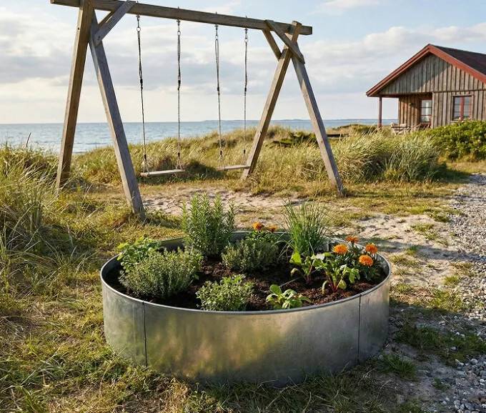 Rundt højbed i galvaniseret stål, højde 54cm (uden sneglekant)