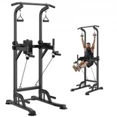 VEVOR Power Tower Dip Station, 10-niveaus højdejusterbar Pull Up Bar Stand, multifunktions hjemmegymnastik styrketræning Fitness træningsudstyr med 7-niveau justerbart ryglæn, PU albuebeskyttere, 440 LBS