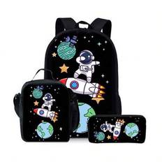 Astronaut Pattern Printed Backpack Three Pieces Set (Single-Layer Backpack + Shoulder Strap Lunch Bag + Single-Layer Pencil Bag) - Black