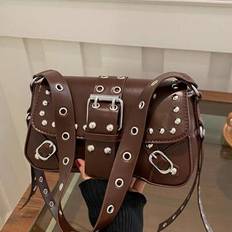 Brand New Punk Rivet Shoulder Bag, Portable, Suitable For Teen Girls, Female College Students, White-Collar Workers, Very Suitable For Work, Back To S - Coffee