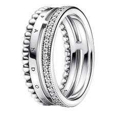 PANDORA Signature Logo Pavé & Perlen Ring aus Sterling-Silber mit Cubic Zirkonia, Gr. 50, 192312C01-50