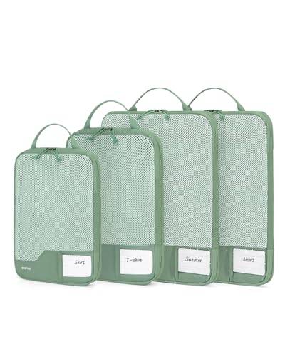 ECOHUB 4-Teilige Kompression Koffer Organizer, Packing Cubes mit Tag, Recycelten Packwürfel Set für Rucksack & Koffer, Maschenverstärkung Packtaschen für Koffer, Reise Organizer, Patent Anhängig(Grün)