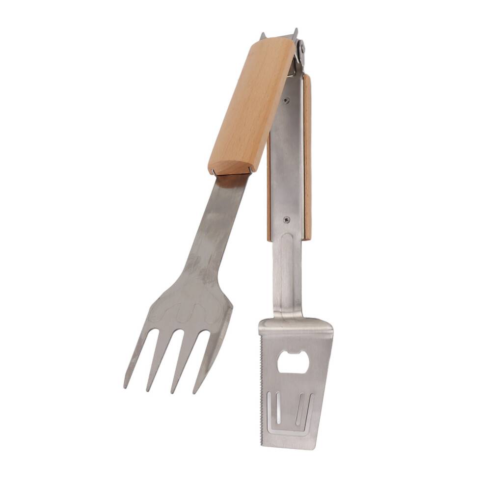 Grillredskabssæt i rustfrit stål, multifunktionelt design med savtakket kant, flaskeåbner til udendørs madlavning, langt håndtag,