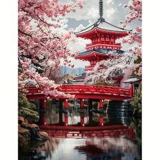 TEMU 1pc Diy 5d Diamond Painting Kit, Sakura And Tower, Round , Canvas, 30x40cm/11.8x15.7in, For Beginner, Hobbyist, Home Wall Decoration, Birthday Or Valentine's Day Gift