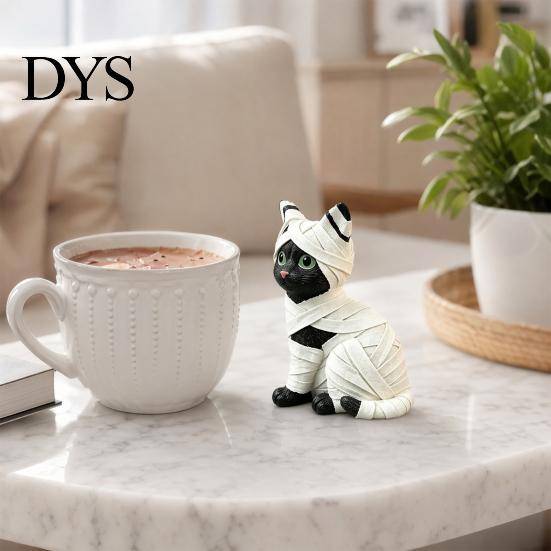 Liten Spöklik Dekoration Mumie Svart Katt Hartsfigur, Halloween Kattunge Statyett med Stora Ögon & Insvepta Bandage, Skrivbordsutsmyckning Söt Skrivbo