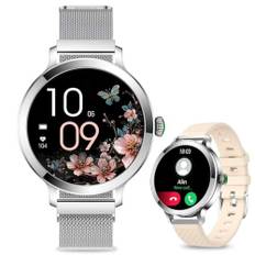 Efolen Smart klocka för kvinnor med Bluetooth-samtal, 1,1 tum, AMOLED, rund, Smartwatch, sömnmonitor, hjärtfrekvens, 110+sportklocka, smart klocka, IP68, stegräknare, för Android, Argent