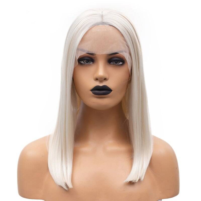 Bombshell Platinum Vit Kort Rak Bob Peruk - 14 tums spets fram