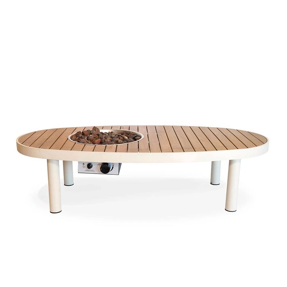 Riviera 140 Oyster Beige Gaseldstadbord av Happy Cocooning – 140cm Ovalt Utomhusbord med Akaciaträ Topp