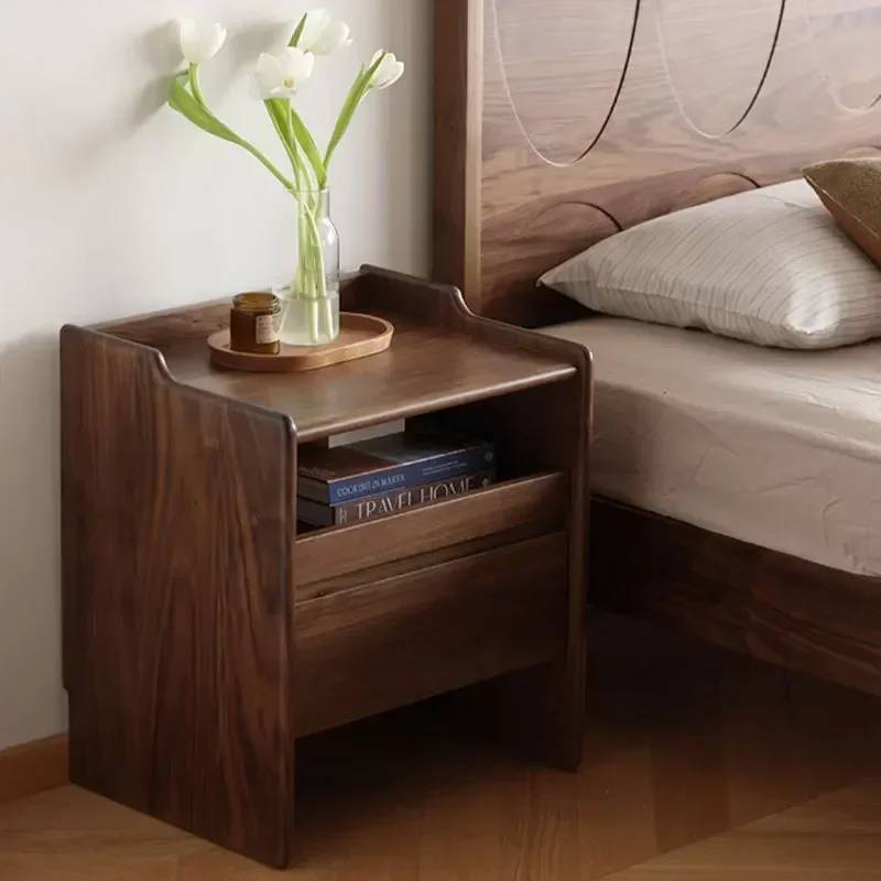 Nordic all solid wood black walnut light luxury bedside table small apartment cherry wood storage minimalist bedside table