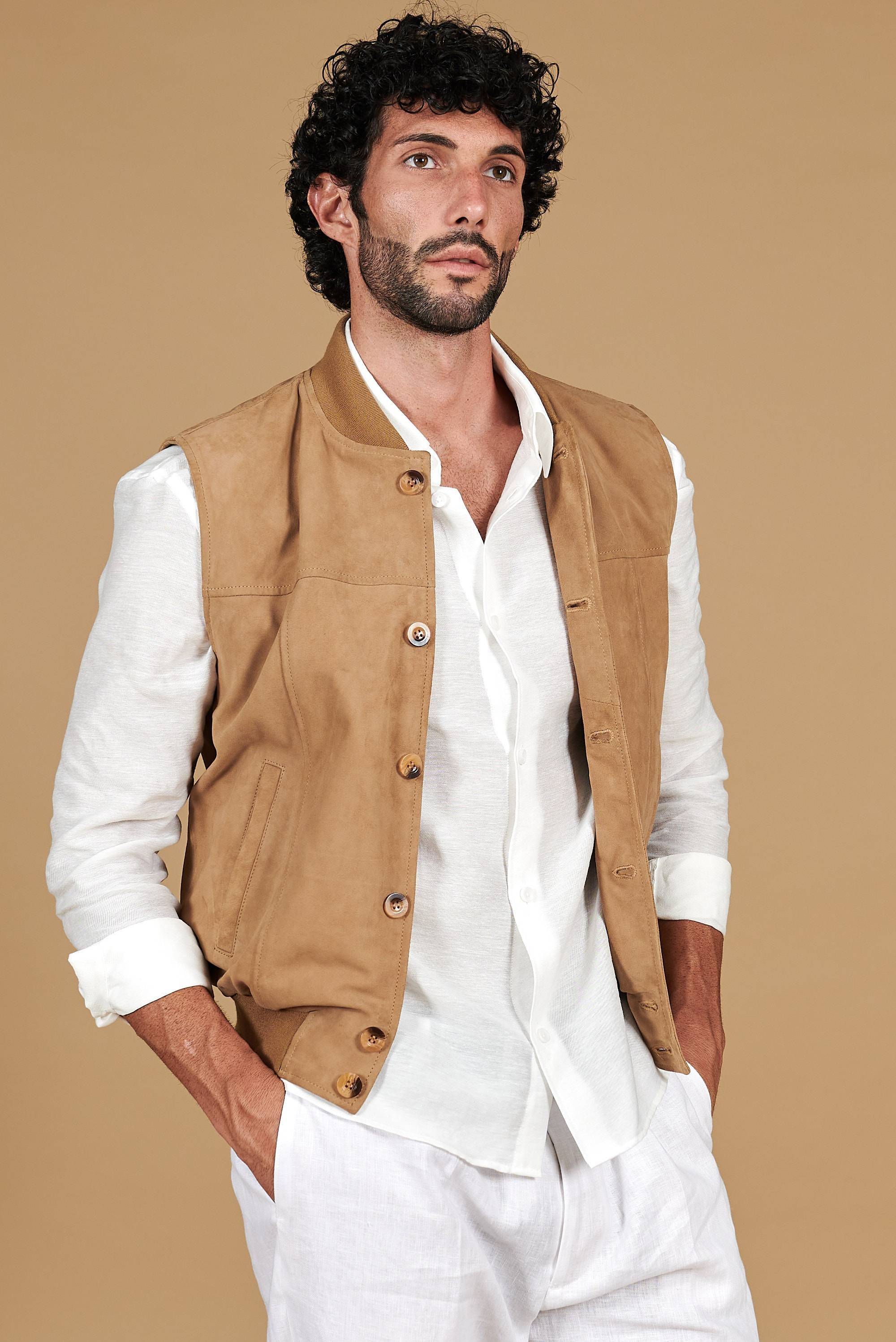 Beige suede leather vest with buttons - 50/M