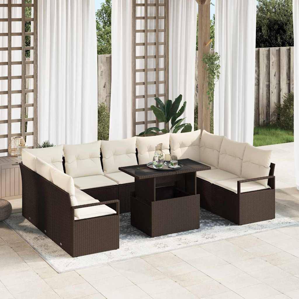 vidaXL Havesofa Sæt med pude 10 pcs Brun og Creme polyrattan