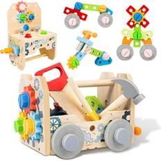 Børns værktøjskasse legetøj, 51 stykker legetøj værktøjsbænk, legetøj til 3-årige drenge, trælegetøj til 2 3 4-årige drenge, Montessori legetøj