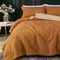 Qucover quiltade sängöverkast mjukt och bekvämt bomullsöverkast, super king size med elegant broderat palmbladmönster, 3 delar sängöverkast, överdrag set med örngott, orange 250 x 270 cm
