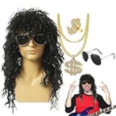 70s 80s Mullet Wig,Afro Wig Men | /Set Disco Hippie Wig Rapper Tillbehör,Disco Hippie Peruk med Solglasögon Halsband, Dollartecken för Disco Men Women