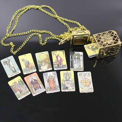 Miniatyrtarotkort-halsband, inkluderar 22 stora arkana, mini-tarotkort-hängehalsband, färgglad bronsbur-hänge, spirituella smycken för kvinnor, lämpli - Guld (En-Storlek)