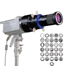 Bowens Mount Snoot Spotlight Gobo Projektor, kompatibel mit Aputure Amaran 60D/XS/100X/D 200D/X, Godox SL60, inklusive 5 Farbfiltern und 31 Gobos. Mit 4 Blättern Barndoor Insert Studio Photography.