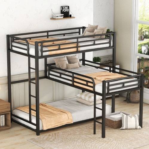 L-shaped Metal Triple Twin Size Bunk Bed, Black - Black