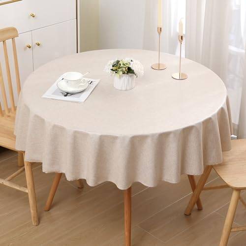 Homaxy Bordsduk med linneutseende, tvättbar, lotuseffekt, linneduk, vattenavvisande, fläckskydd, rund, 140 cm, beige