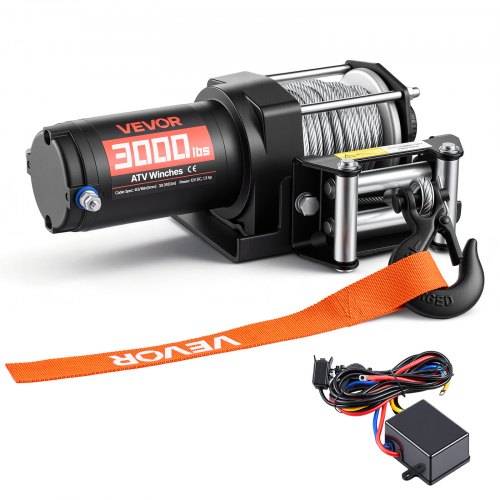 VEVOR 1360 kg elektrisk vinsch, 12V DC ATV/UTV-vinsch med Φ5 mm x 12 m stålvajer och trådbunden fjärrkontroll, IP55 vattentät, aluminiumhölje, monteringsplatta för kabelhärva för bogsering av ATV, svart
