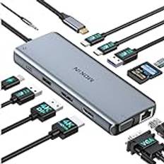 USB C-dockningsstation med 3 bildskärmar, 12-i-1 USB C till HDMI och Displayport och VGA, Ethernet RJ45, 100W PD, USB 3.0/2.0, SD/TF och ljud, USB C-docka för MacBook HP Lenovo Dell ASUS