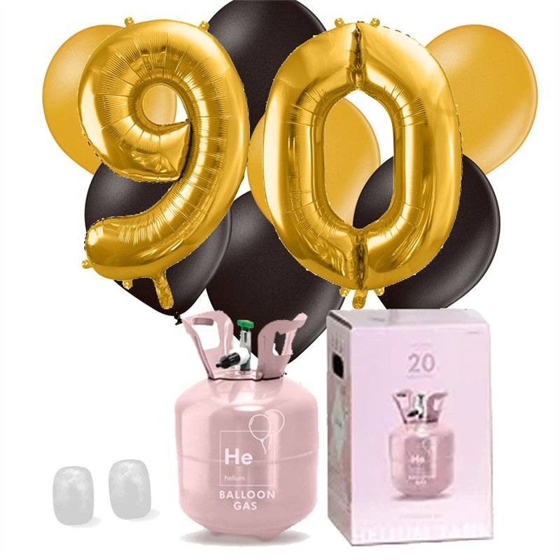 Helium Ballonkit med Folieballon Tal 90 Sort/Guld