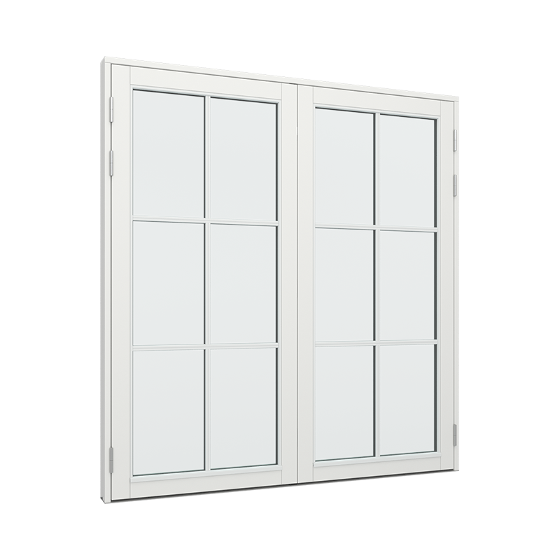 Dobbelt terrassedør med 2x3 glasfelter i hver dør.