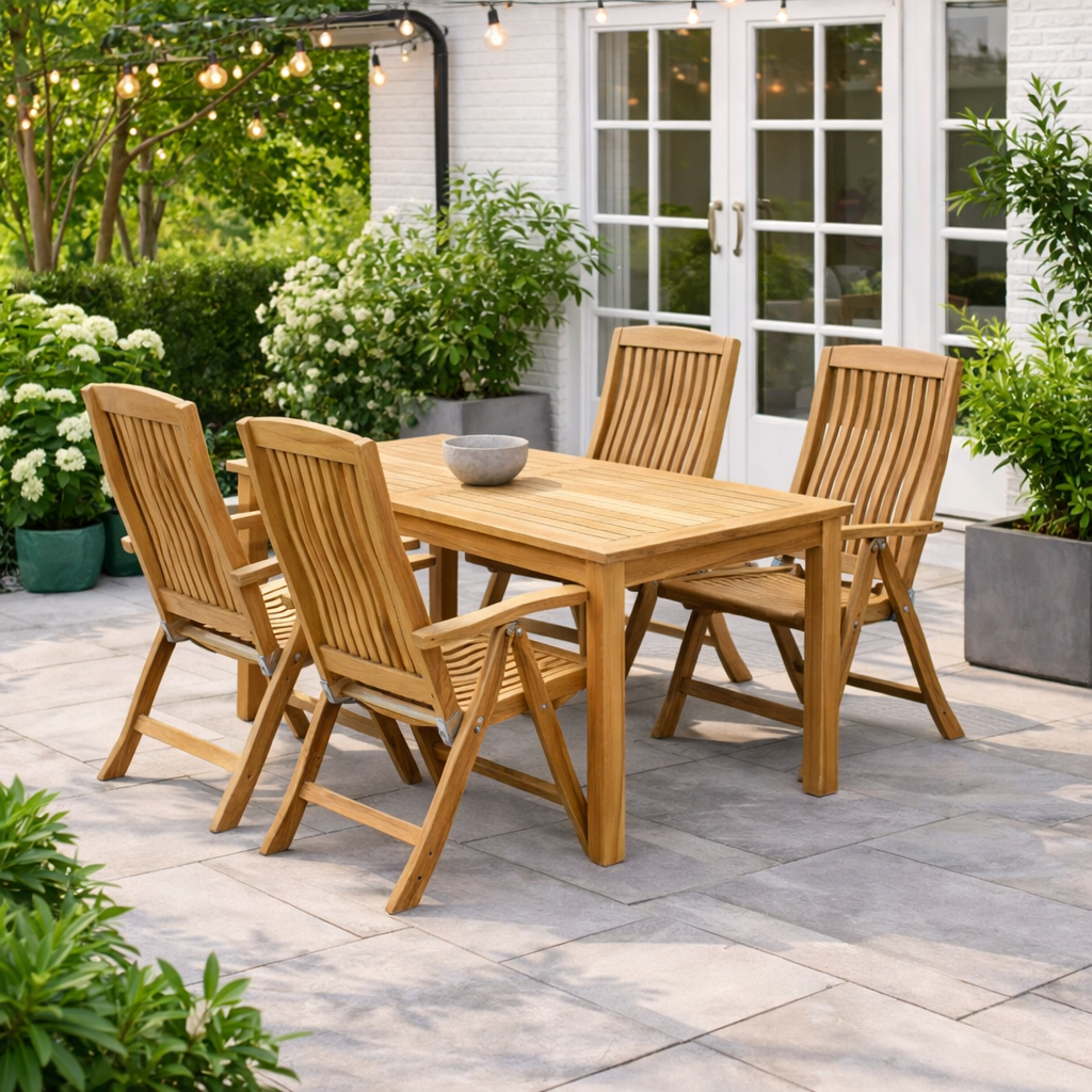 Teak bord med positionsstoletil 4 personer.