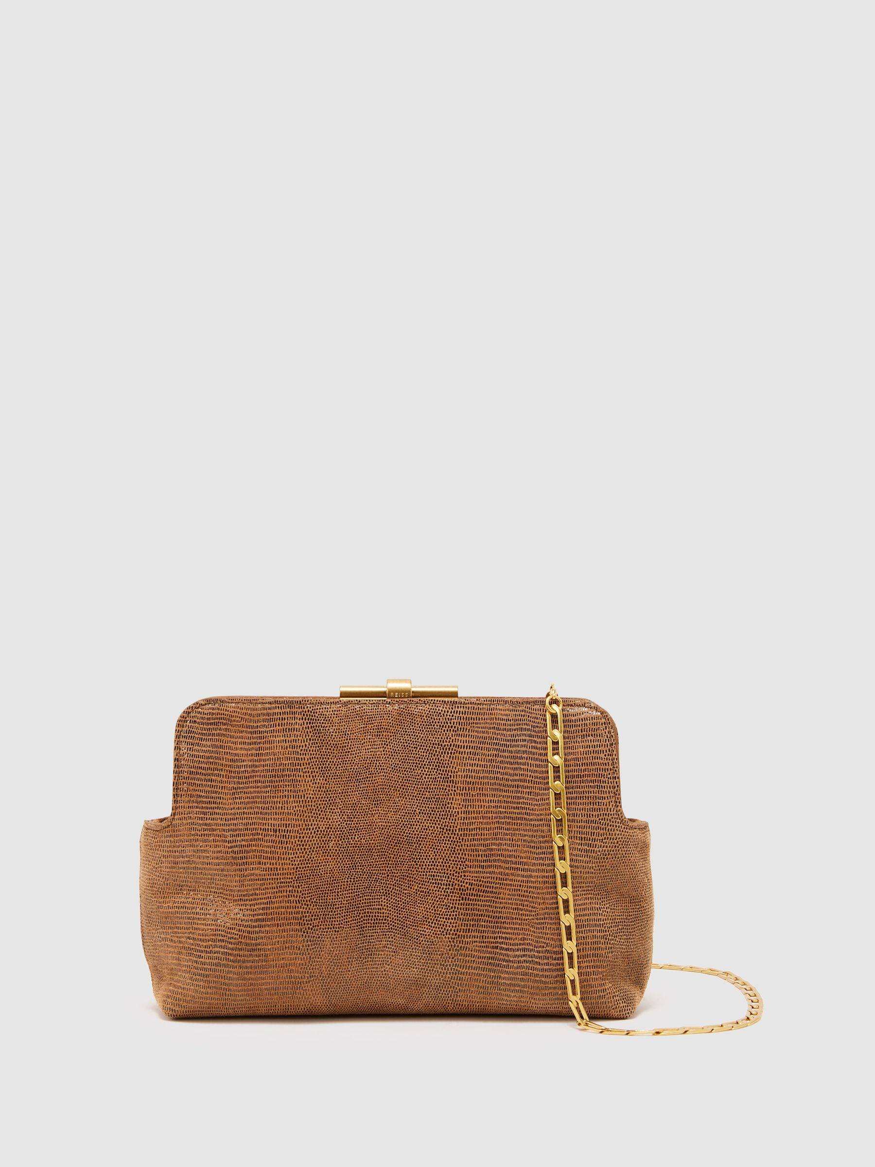 Reiss Reiss Tan Bethany Suede Lizard-Effect Frame Clutch Bag