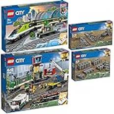 Lego City Set med 4 60337 personsnabbtåg, 60198 godståg, 60238 spårvidd och 60205 skenor