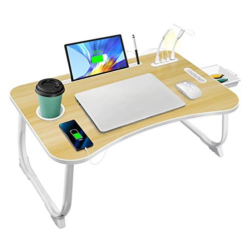 AirOpen Laptopbordet för Säng, Hopfällbart Sängbord med 4 USB-Laddningsportar, Låda, PAD-Hållare, Mugghållare, Bärhandtag, Laptopbord för Säng, Soffa, Soffa, Golv (60 x 40 cm, Svart)