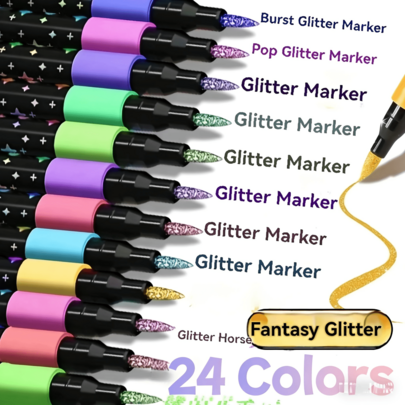 24-färgs dubbeländade glitterpennor med snabbtorkande limliknande bläck - fin spets från spets till bas för scrapbooking, korttillverkning och journal