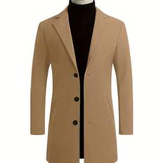 TEMU 1pc Men's Fall/winter Polyester Coat - 100% Solid Color Long Sleeve Lapel Work Jacket With Button , Non-stretch Woven Fabric, Regular Fit