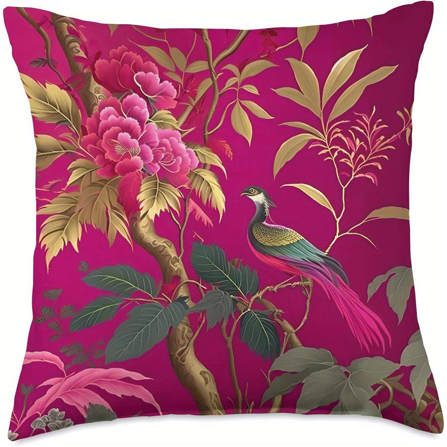 2D Platt- Vintage Chinoiserie Blommig Och Fågel Kuddfodral Magentarosa Tropiskt Botaniskt Kuddfodral För Heminredning