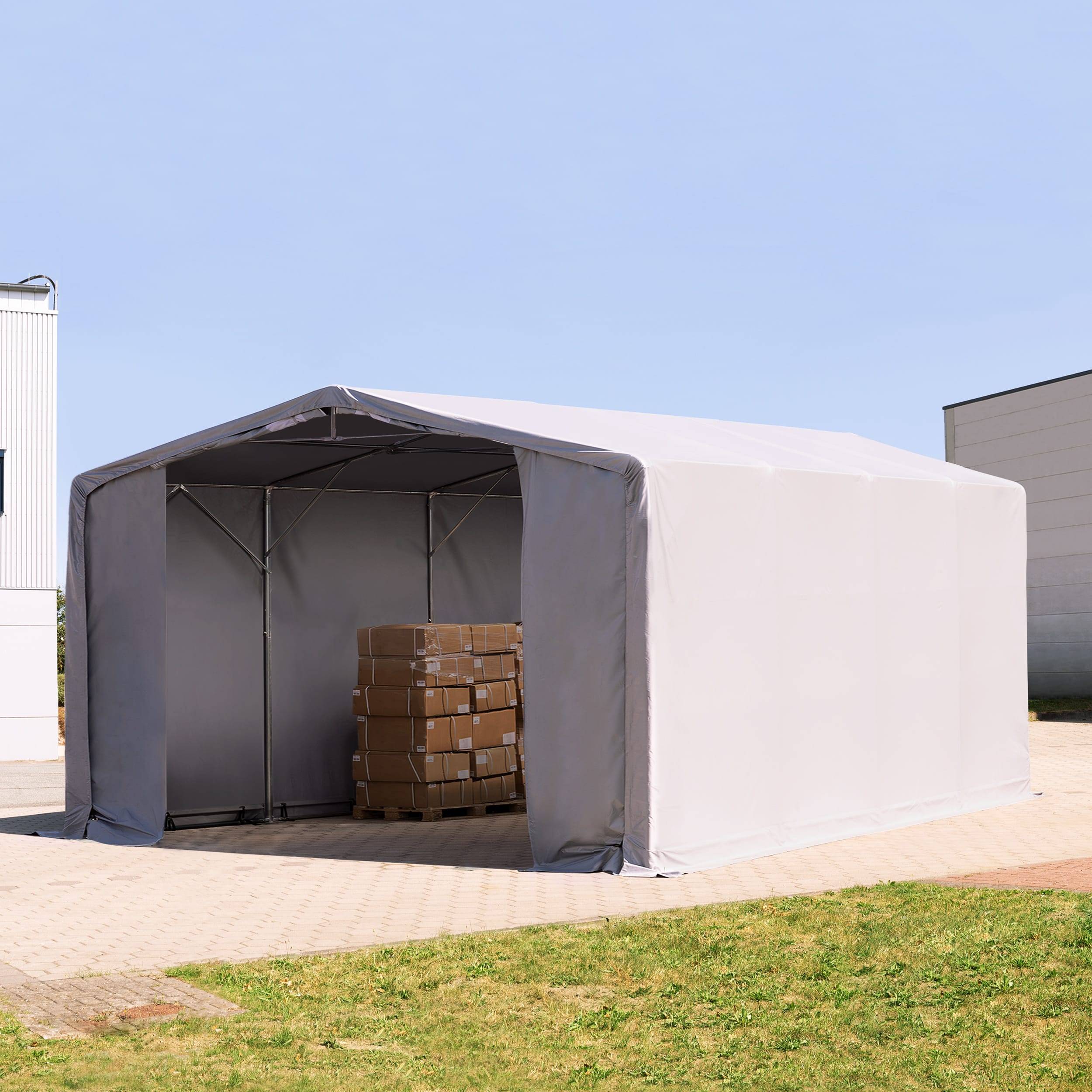 8 x 8 m tälthall - 4,0 m sidohöjd med dragkedjor, PVC grå, inkl. hållfasthet (underlag: jord) - (93993)
