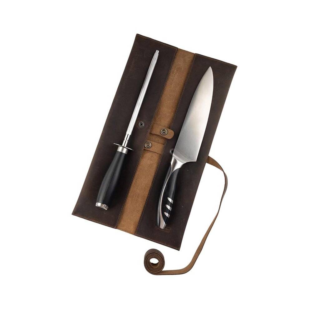 PU Leather Double KnifeRoll for Chefs,Vertical KnifeStorage Case,Portable Travel CarryOn Roll Bag,Rectangular Protector
