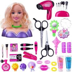 SQBB Hårstyling og makeuphoved, 35 dele makeup håraccessoirer til børn, frisørdukke sminketøj lille pige