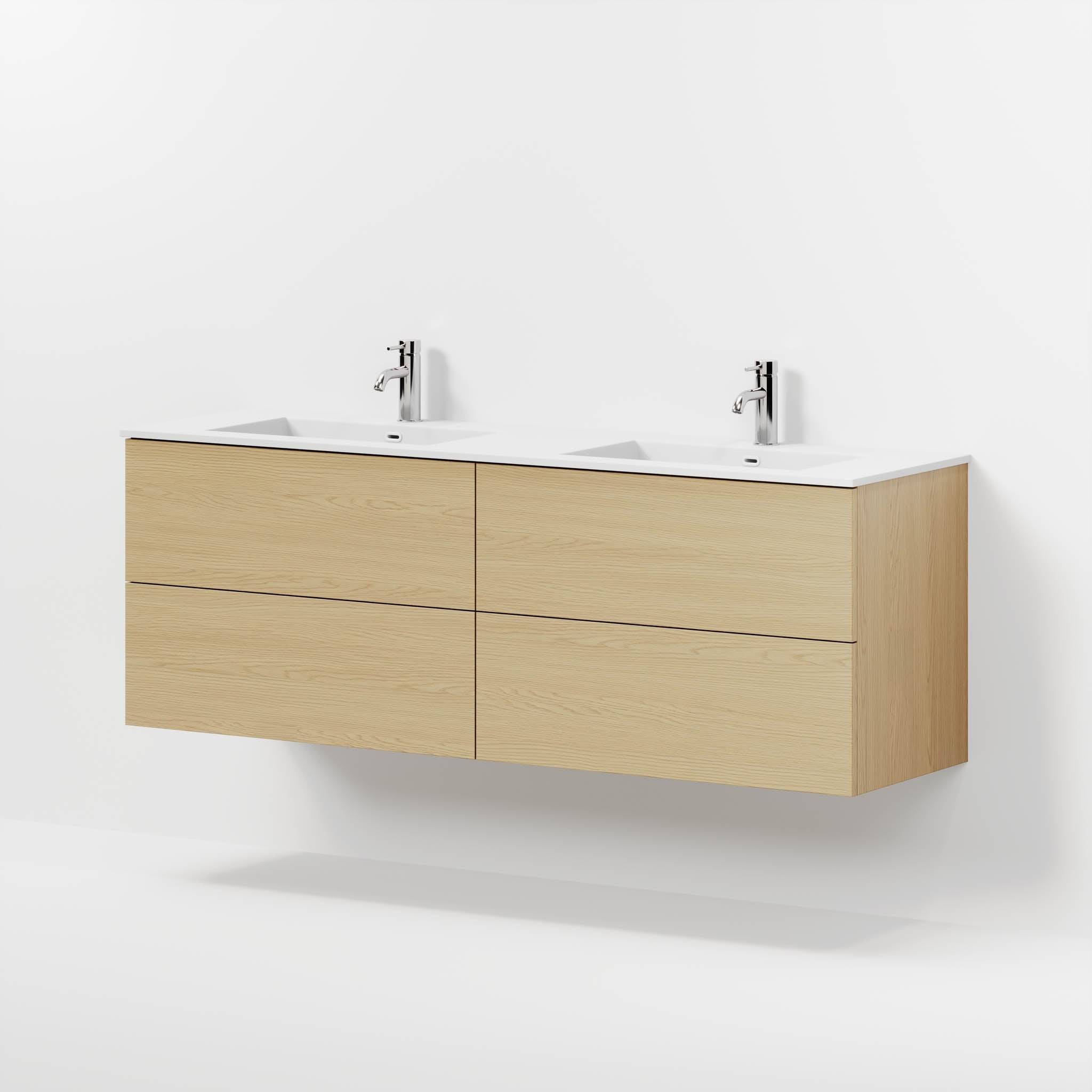 Badrumsmöbel med klassiska fronter - 160x46x57 cm - ek - dubbelt tvättställ i solid surface - Viborg