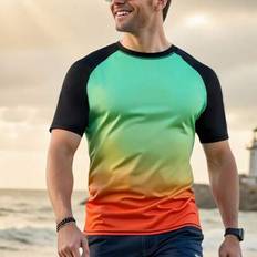 Herr Ombre Raglanärm Rund Hals Kortärmad Rash Guard, Sommarbadkläder, Solskyddande Herrbadbyxor, Sommar, Hawaiian - Multifärgad (L,M,S,XL,XXL)