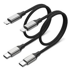 Acecene USB-C-Lightning-kabel, kort, 20 cm, 2 st., nylonflätad iPhone-laddningskabel med Power Delivery, Lightning-laddningskabel för iPhone 14/13/12/11/Pro/Max/Mini/SE/X/XS/XR/8/Plus – svart