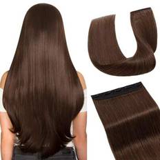 100 % äkta hår Clip-in extensions i ett stycke, långa raka, clips-on-hårstycke, halvt huvud, mjukt, silkeslent #2 mörkbrun - S2