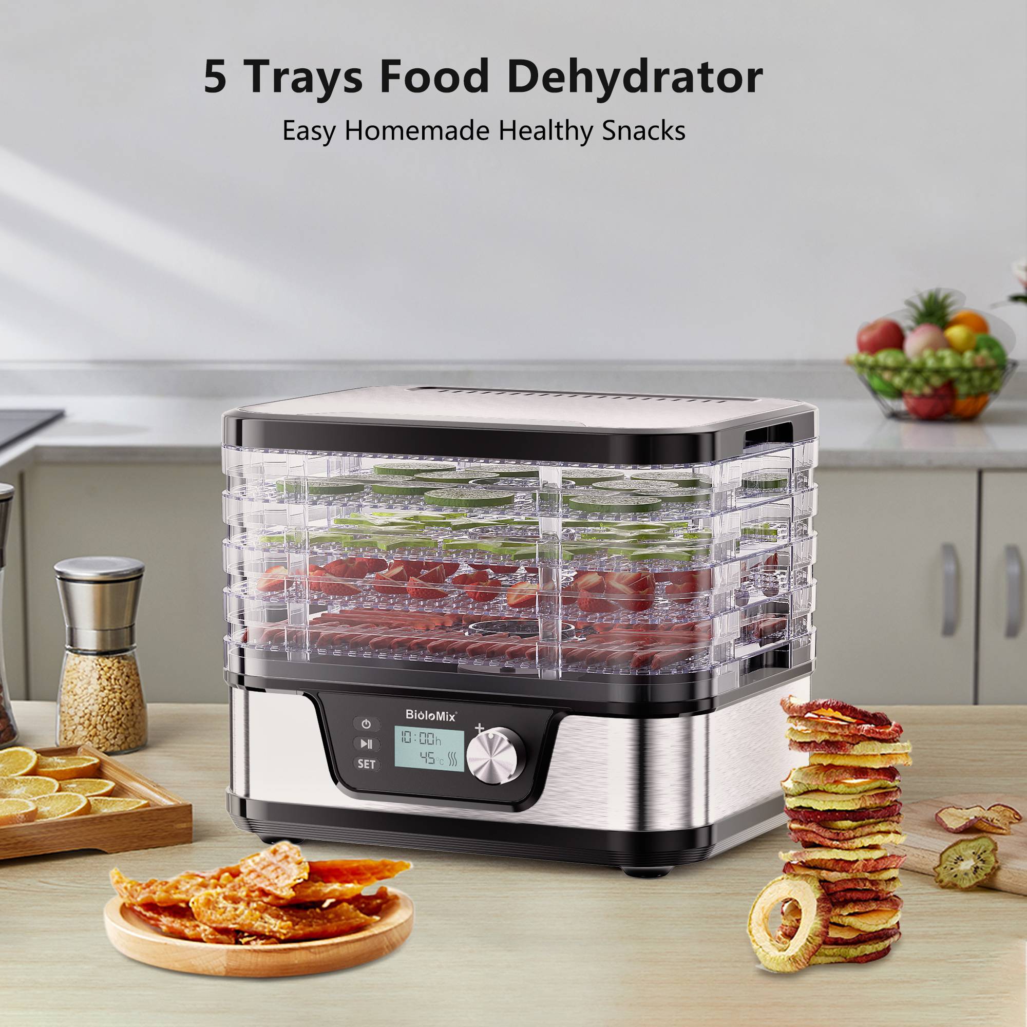 BioloMix BPA FREE 5 Trays Food Dryer Dehydrator with Digital Timer and Temperature Control for Fruit Vegetable Meat Beef Jerky
